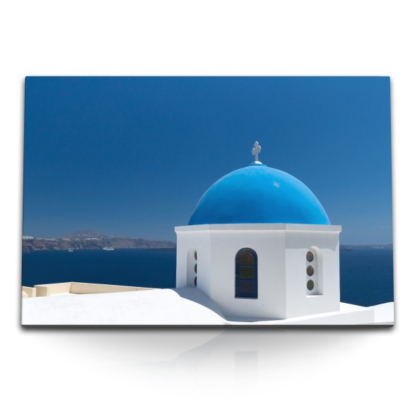 Paul Sinus Art 120x80cm Wandbild auf Leinwand Griechische Insel Kloster Santorini Mittelmeer Blau