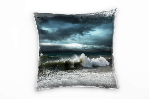 Paul Sinus Art Strand und Meer, dunkel, schwarz, weiß, blau Deko Kissen 40x40cm für Couch Sofa Lounge Zierkissen