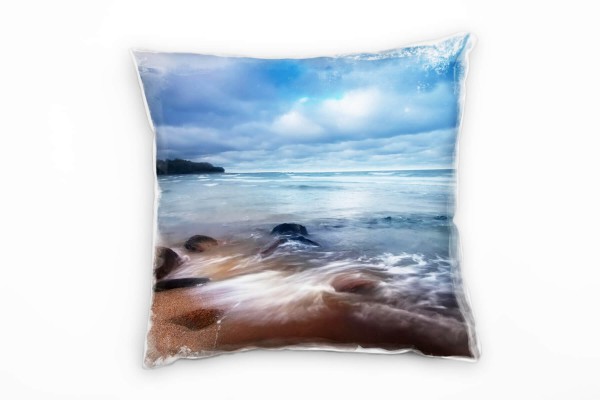 Paul Sinus Art Strand und Meer, blau, braun, Nordseestrand, Brandung Deko Kissen 40x40cm für Couch Sofa Lounge Zier