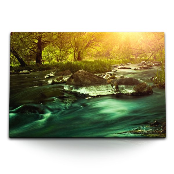 Paul Sinus Art 120x80cm Wandbild auf Leinwand Fluss im Wald Natur Felsen Steine Sonnenuntergang