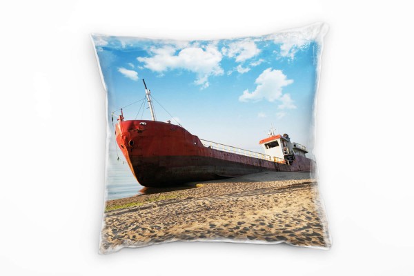 Paul Sinus Art Strand und Meer, gestrandetes Schiff, braun, blau Deko Kissen 40x40cm für Couch Sofa Lounge Zierkiss