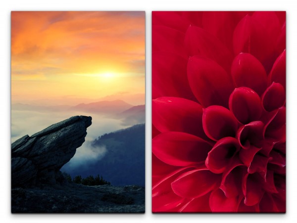 Paul Sinus Art 2 Bilder je 60x90cm Dahlie Rot Blume Felsen Berge Sonnenuntergang Makrofotografie