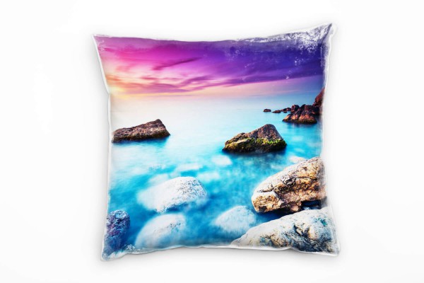 Paul Sinus Art Meer, türkis, pink, lila, Sonnenuntergang, Felsen Deko Kissen 40x40cm für Couch Sofa Lounge Zierkiss