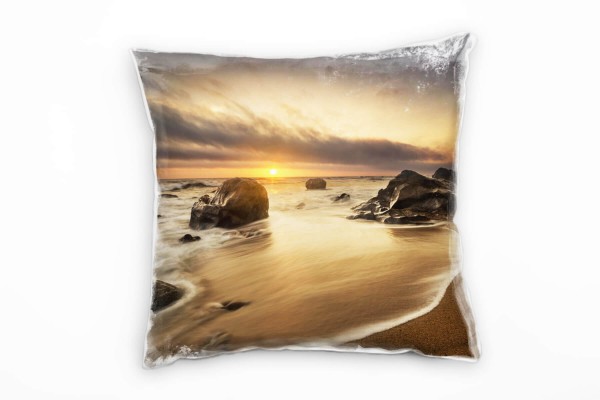 Paul Sinus Art Strand und Meer, braun, orange, Sonnenuntergang Deko Kissen 40x40cm für Couch Sofa Lounge Zierkissen