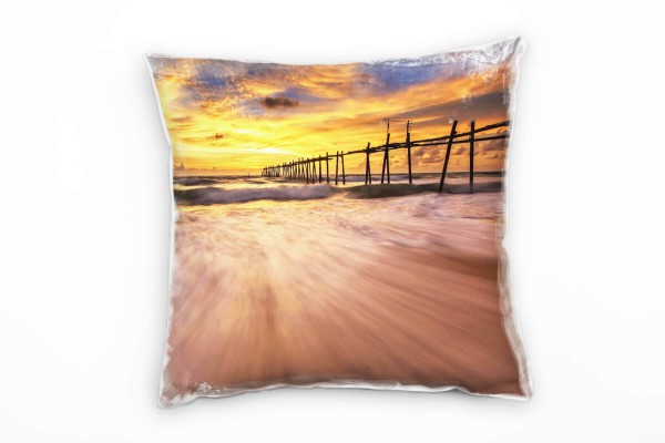 Paul Sinus Art Strand und Meer, Brandung, Sonnenuntergang, gelb Deko Kissen 40x40cm für Couch Sofa Lounge Zierkisse