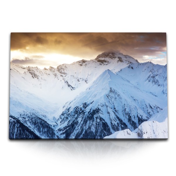 Paul Sinus Art 120x80cm Wandbild auf Leinwand Schneegipfel Berge Schnee Alpen Sonnenuntergang