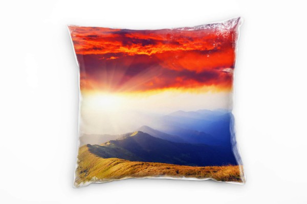 Paul Sinus Art Natur, Berge, Sonnenstrahlen, Wolken, rot, blau Deko Kissen 40x40cm für Couch Sofa Lounge Zierkissen