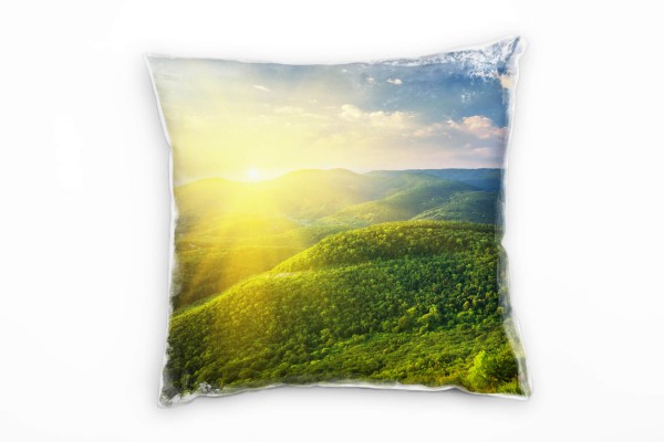 Paul Sinus Art Landschaft, grün, gelb, Sonnenaufgang, Wald Deko Kissen 40x40cm für Couch Sofa Lounge Zierkissen