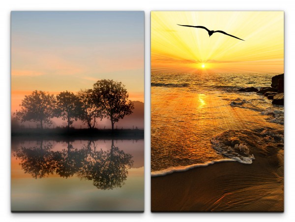 2 Bilder je 60x90cm See Meer Bäume Strand Vogel Friedlich Sonnenuntergang