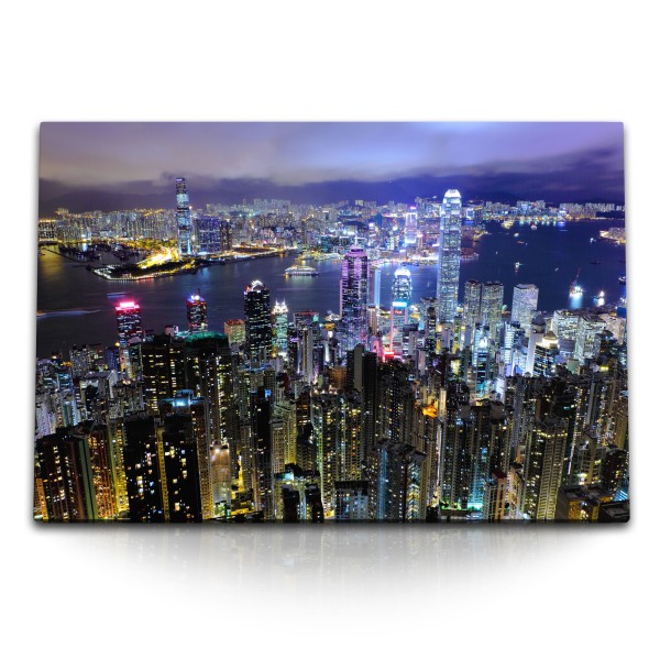 Paul Sinus Art 120x80cm Wandbild auf Leinwand Hongkong bei Nacht Stadt Wolkenkratzer Metropole