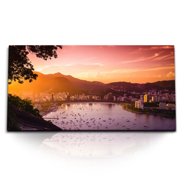 Paul Sinus Art Kunstdruck Bilder 120x60cm Rio de Janeiro Brasilien Bucht Küste Berge Sonnenuntergang