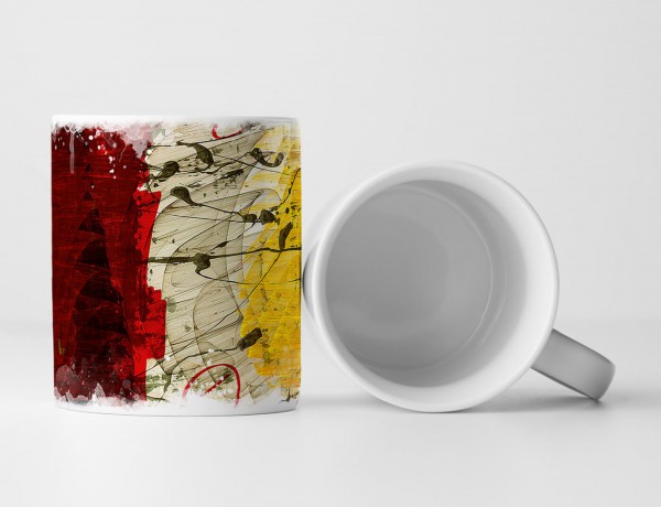 Paul Sinus Art Tasse Geschenk rot-graubraun-gelbe Abstraktion; schwarze Farbkleckse