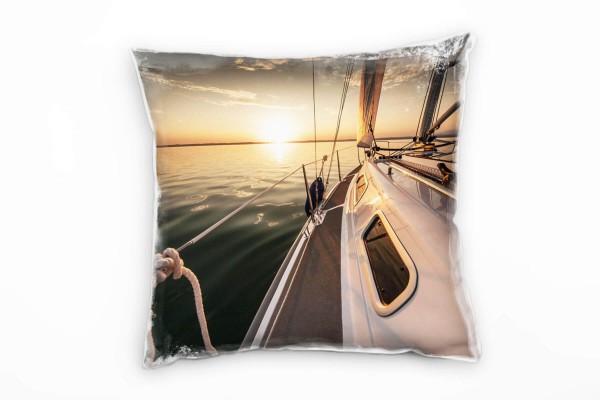 Paul Sinus Art Meer, orange, grau, Segelboot, Sonnenaufgang Deko Kissen 40x40cm für Couch Sofa Lounge Zierkissen