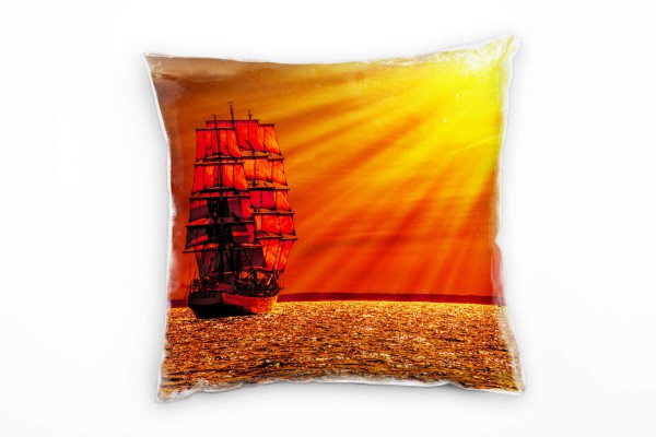 Paul Sinus Art Strand und Meer, Schiff, Sonnenstrahlen, orange Deko Kissen 40x40cm für Couch Sofa Lounge Zierkissen