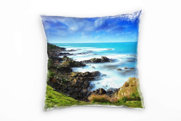 Paul Sinus Art Strand und Meer, Brandung, Felsen, grün, blau Deko Kissen 40x40cm für Couch Sofa Lounge Zierkissen