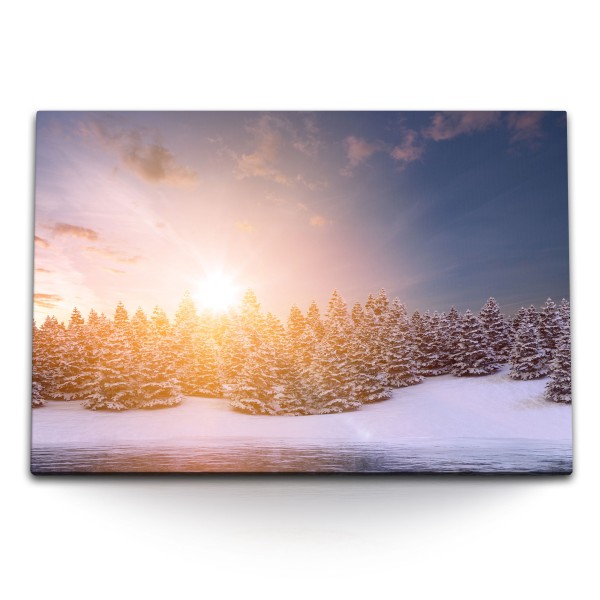 Paul Sinus Art 120x80cm Wandbild auf Leinwand Sonnenuntergang Tannenwald Schneelandschaft Winter