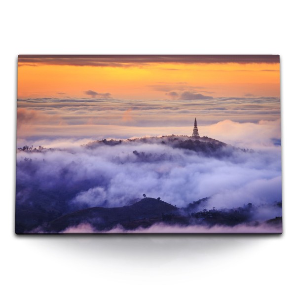 Paul Sinus Art 120x80cm Wandbild auf Leinwand Phulomlo Thailand Berge Nebel Natur Sonnenuntergang