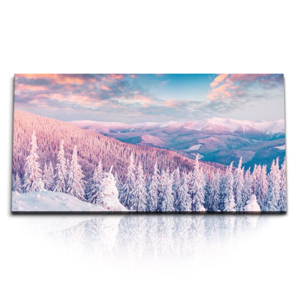 Paul Sinus Art Kunstdruck Bilder 120x60cm Winterlandschaft Berge Tannenwald Schnee Weiß