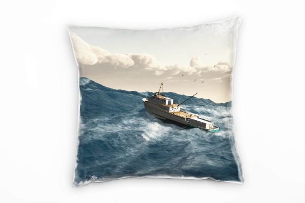 Paul Sinus Art Meer, Fischerboot, große Welle, grau, blau Deko Kissen 40x40cm für Couch Sofa Lounge Zierkissen