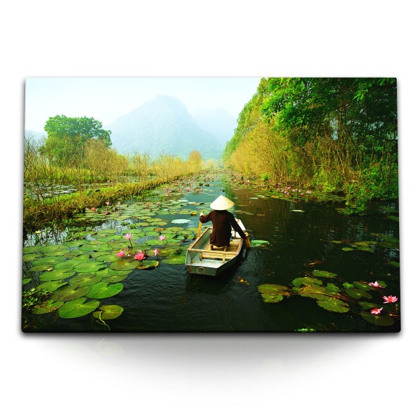 Paul Sinus Art 120x80cm Wandbild auf Leinwand Fluss Vietnam Fischer Fischerboot Natur Grün