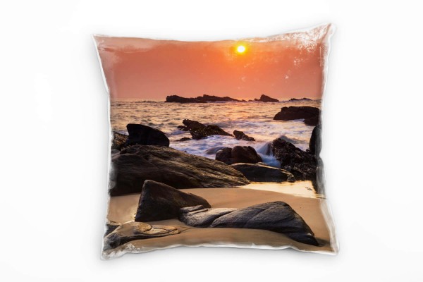 Paul Sinus Art Strand und Meer, Sonnenuntergang, Felsen, orange Deko Kissen 40x40cm für Couch Sofa Lounge Zierkisse