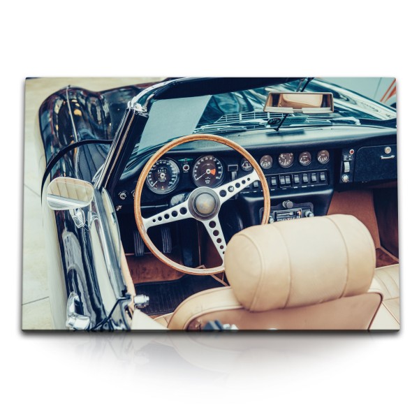 120x80cm Wandbild auf Leinwand Oldtimer Traumauto Classic Car Holzlenker Vintage