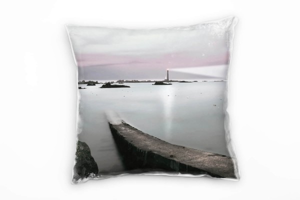 Paul Sinus Art Meer, Landschaft, grau, rosa, Felsen im Meer, Leuchtturm Deko Kissen 40x40cm für Couch Sofa Lounge Z