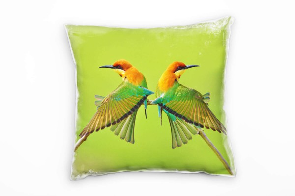 Paul Sinus Art Tiere, zwei Vögel, grün, orange, braun Deko Kissen 40x40cm für Couch Sofa Lounge Zierkissen