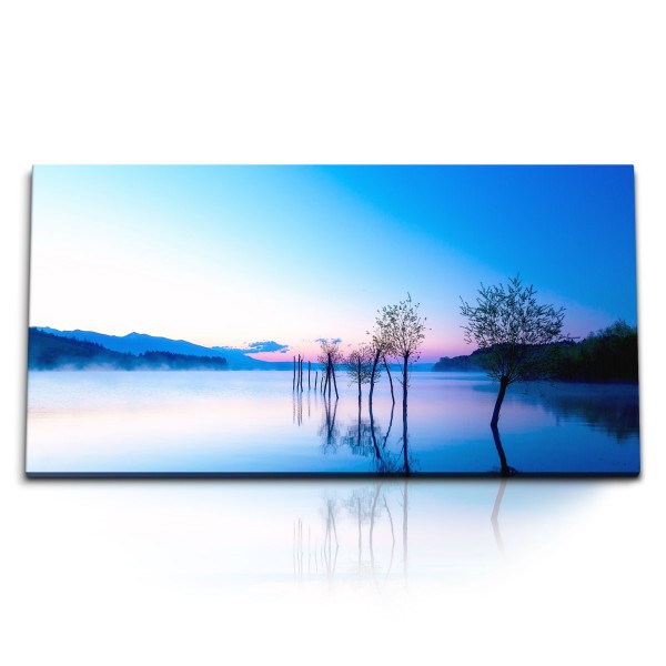 Paul Sinus Art Kunstdruck Bilder 120x60cm See Natur Dunkelblau Abenddämmerung Bäume Abendrot