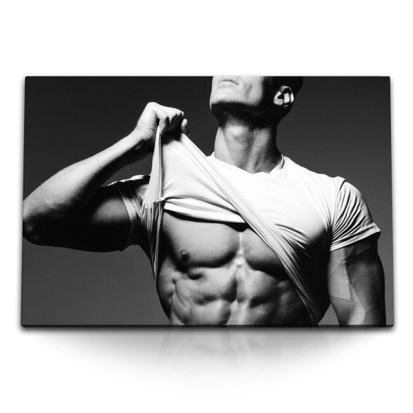 Paul Sinus Art 120x80cm Wandbild auf Leinwand Bodybuilder Mann Körper Sixpack Erotisch Schwarz Weiß