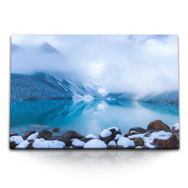 Paul Sinus Art 120x80cm Wandbild auf Leinwand Winterlandschaft See Berge Schnee Hellblau Natur