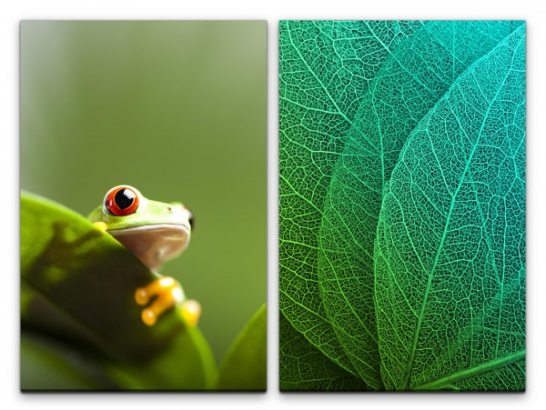 Paul Sinus Art 2 Bilder je 60x90cm Grünes Blatt Frosch Blattadern Blattstruktur Naturaufnahme Freundlich Frisch