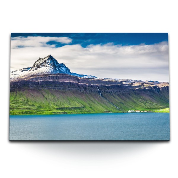 Paul Sinus Art 120x80cm Wandbild auf Leinwand Vulkan Island Küste Meer Natur Schneegipfel