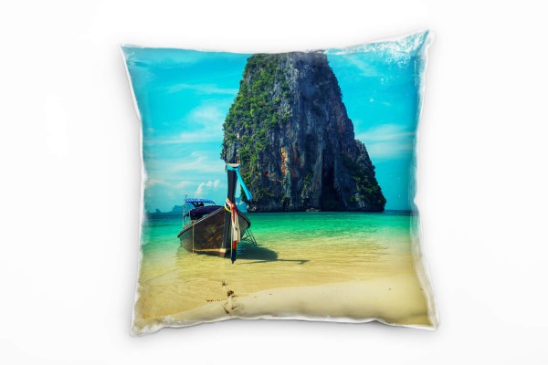 Paul Sinus Art Strand und Meer, Vintage, türkis, gelb, Boot, Thailand Deko Kissen 40x40cm für Couch Sofa Lounge Zie