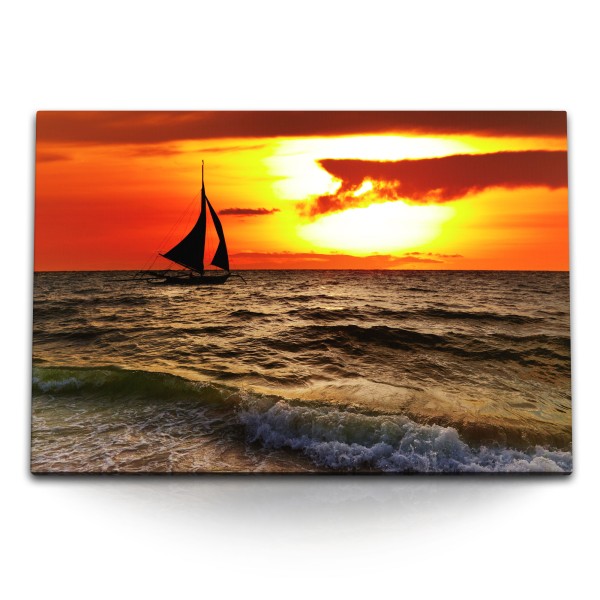 Paul Sinus Art 120x80cm Wandbild auf Leinwand Abendrot Meer Segelboot Segelschiff Horizont