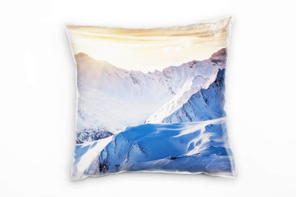 Paul Sinus Art Winter, weiß, blau, orange, schneebedeckte Berge Deko Kissen 40x40cm für Couch Sofa Lounge Zierkisse