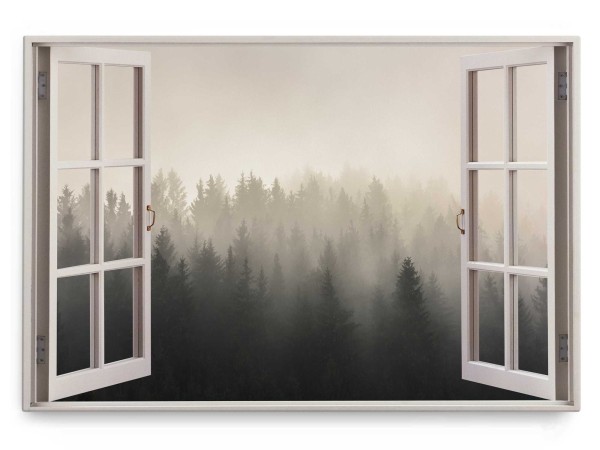 Wandbild 120x80cm Fensterbild Wald Tannenwald Bäume Nebel Tannen Grau