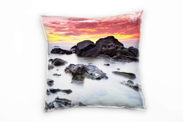 Paul Sinus Art Strand und Meer, Sonnenuntergang, Brandung, rot Deko Kissen 40x40cm für Couch Sofa Lounge Zierkissen