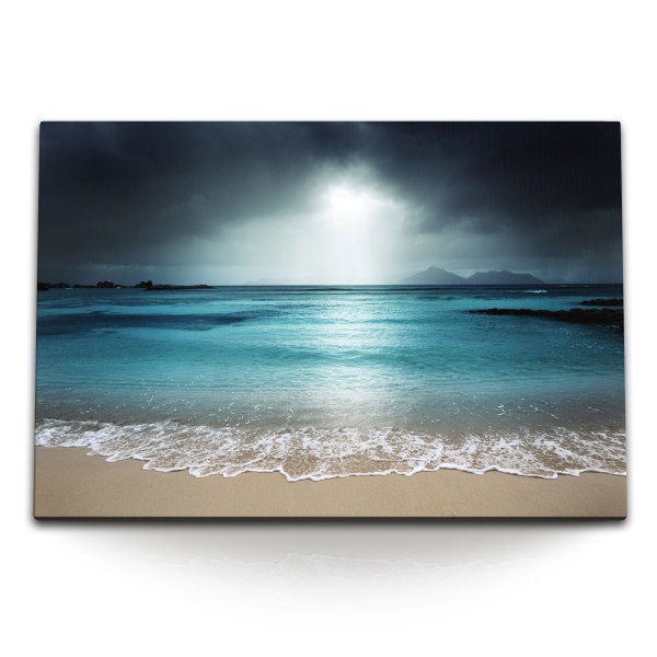 Paul Sinus Art 120x80cm Wandbild auf Leinwand Horizont Meer Strand Dunkler Himmel Sonnenstrahl