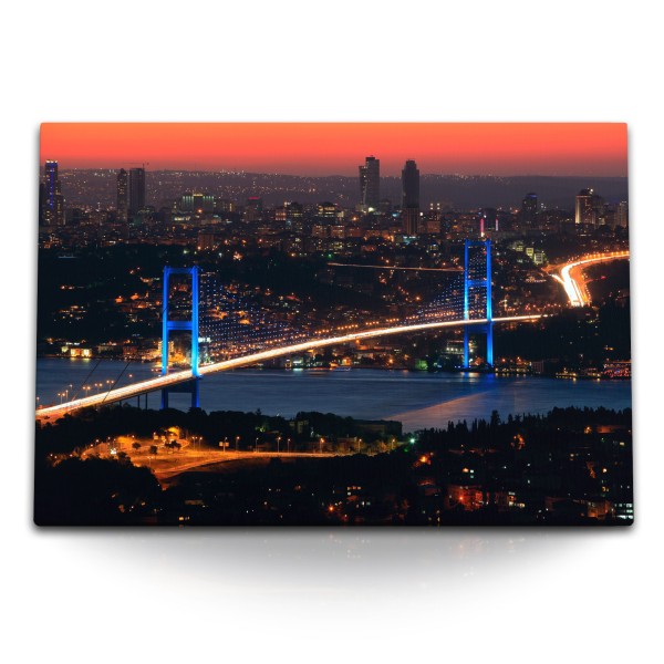 Paul Sinus Art 120x80cm Wandbild auf Leinwand Istanbul Bosporus Brücke bei Nacht Abendröte