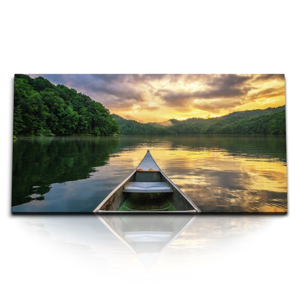 Paul Sinus Art Kunstdruck Bilder 120x60cm Natur See Boot Kayak Sonnenuntergang Abendrot