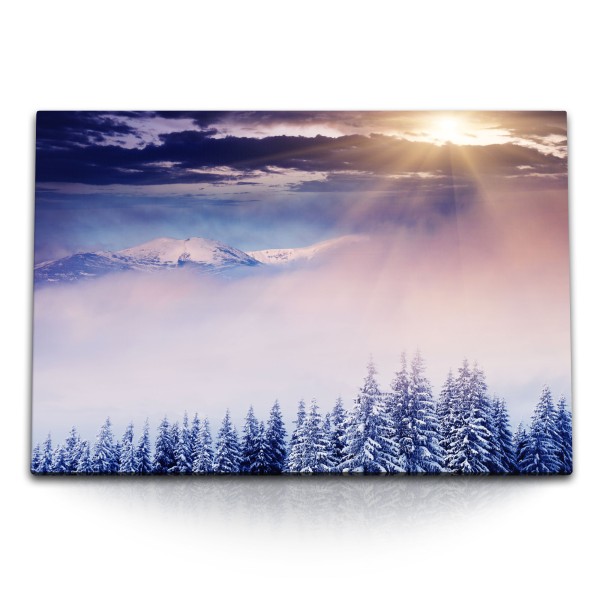 Paul Sinus Art 120x80cm Wandbild auf Leinwand Winterlandschaft Berge Tannenwald Tannen Schnee