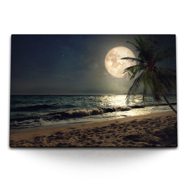 Paul Sinus Art 120x80cm Wandbild auf Leinwand Strand bei Nacht Vollmond Palme Meer Sternenhimmel