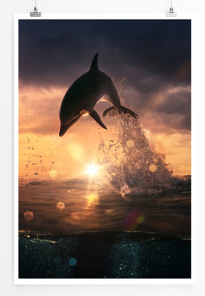 Paul Sinus Art 90x60cm Poster Tierfotografie Springender Delfin bei Sonnenaufgang