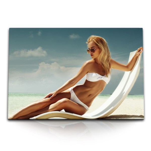 120x80cm Wandbild auf Leinwand Junge Frau am Strand Bikini Sexy Sonnenschein Meer