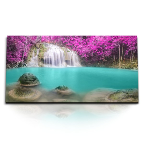 Paul Sinus Art Kunstdruck Bilder 120x60cm Wasserfall Thailand Türkis Natur Rosa Exotisch