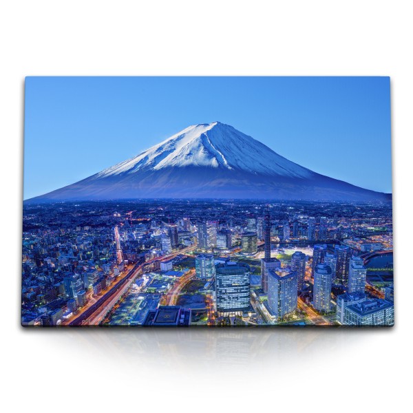 Paul Sinus Art 120x80cm Wandbild auf Leinwand Fuji Japan Yokohama Berge Schneegipfel Blau