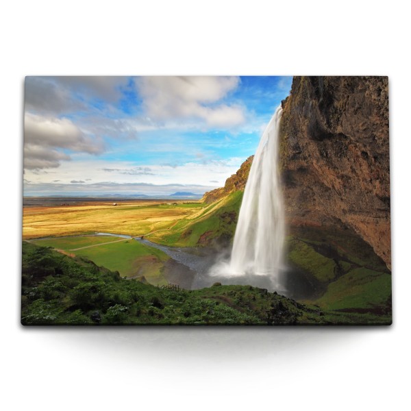 Paul Sinus Art 120x80cm Wandbild auf Leinwand Wasserfall Island Natur Berge Landschaft Sonnenuntergang