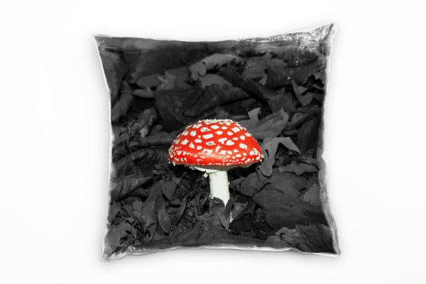 Paul Sinus Art Natur, Fliegenpilz im Laub, grau, rot, weiß Deko Kissen 40x40cm für Couch Sofa Lounge Zierkissen