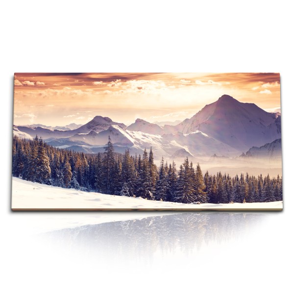 Paul Sinus Art Kunstdruck Bilder 120x60cm Winterlandschaft Berge Tannenwald Natur Sonnenuntergang